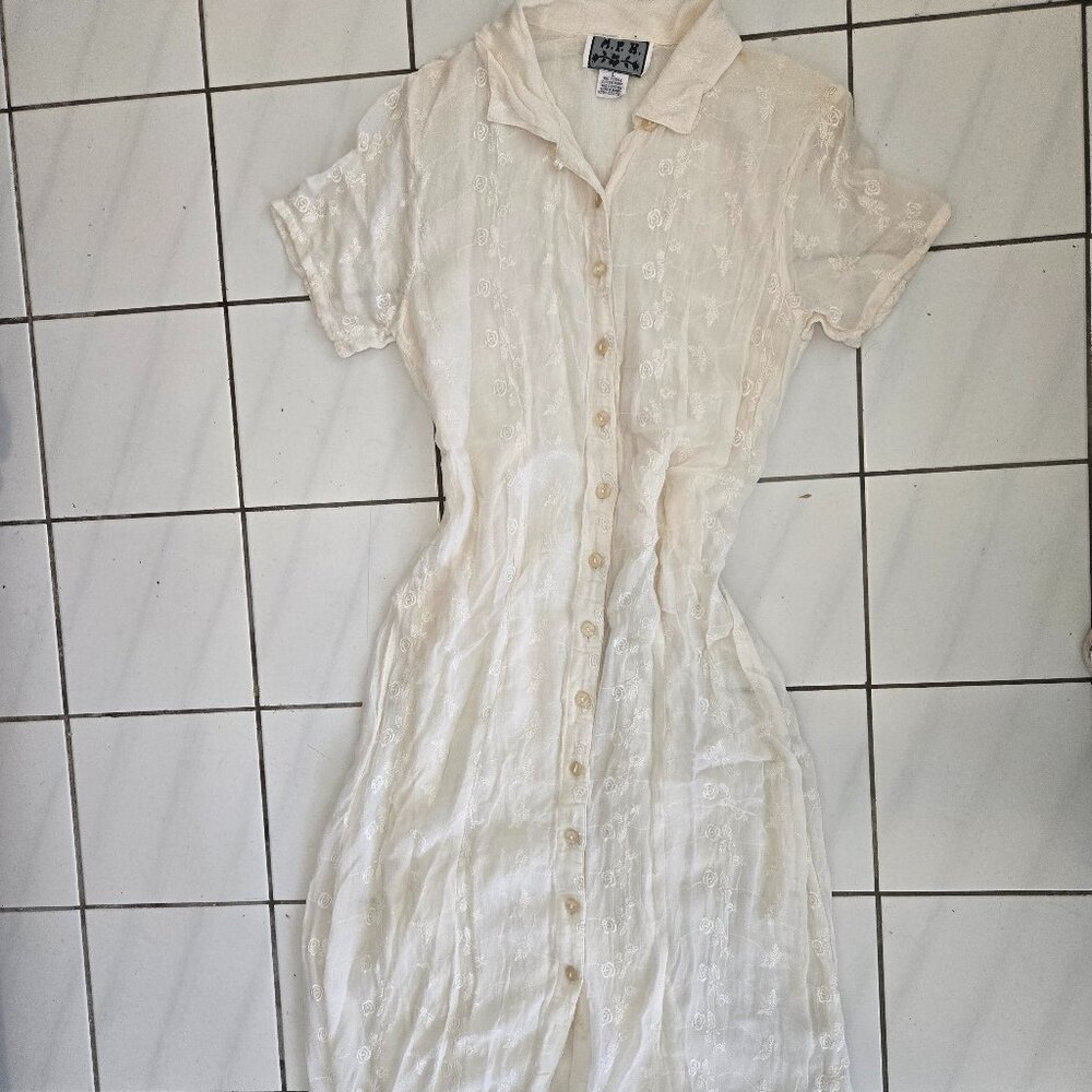 Vintage White Embroidered Button-Down Dress Petite Large - Cottagecore Prairie B